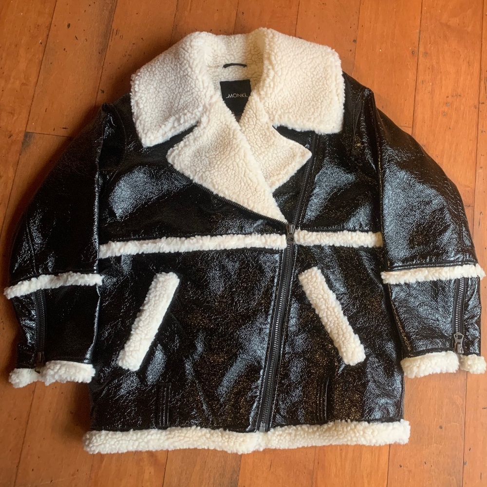 Oversized Faux Leather with Shearling Aviator Jacket Size XS